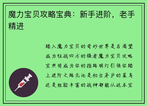 魔力宝贝攻略宝典：新手进阶，老手精进